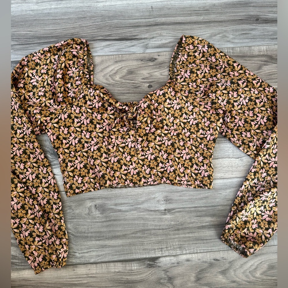 Altar'd State Floral Flowy Puff Sleeve Crop Top Boho Blouse Pink & Brown Size M